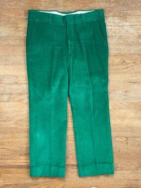 Vintage Mens Corduroy Pants Size 36x29 1960s Kelly Green Waled Cotton Trousers